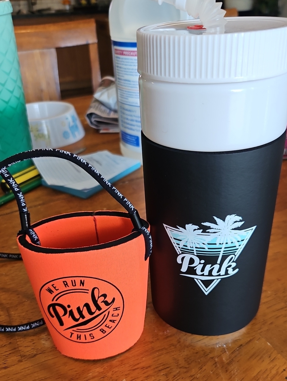 Victoria's Secret Pink Orange and Black Beach Can Cooler and Black Bottle Sleeve